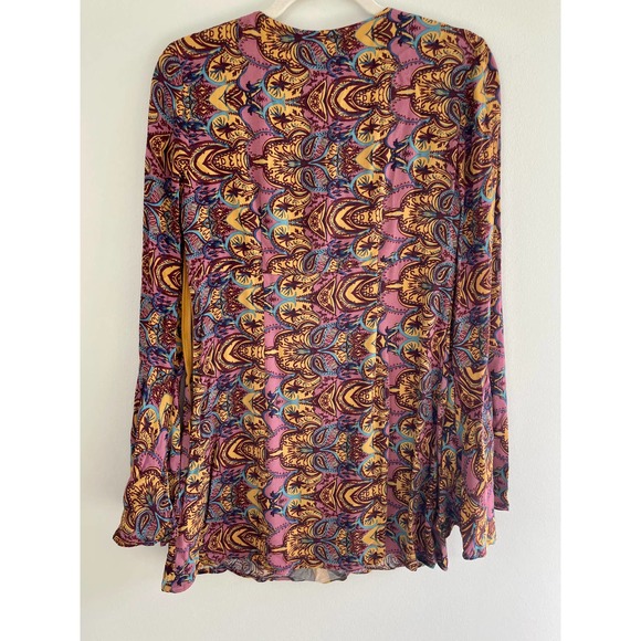 Free People Ossie Vibes Bell Sleeve Paisley Mini Shift Dress Gold Brown Sz 2 - Picture 3 of 6